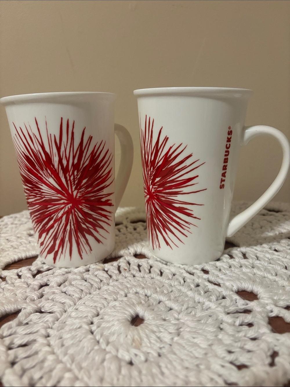 Starbucks Set of 2 White Mug with Red Burst Floral Motif 2014